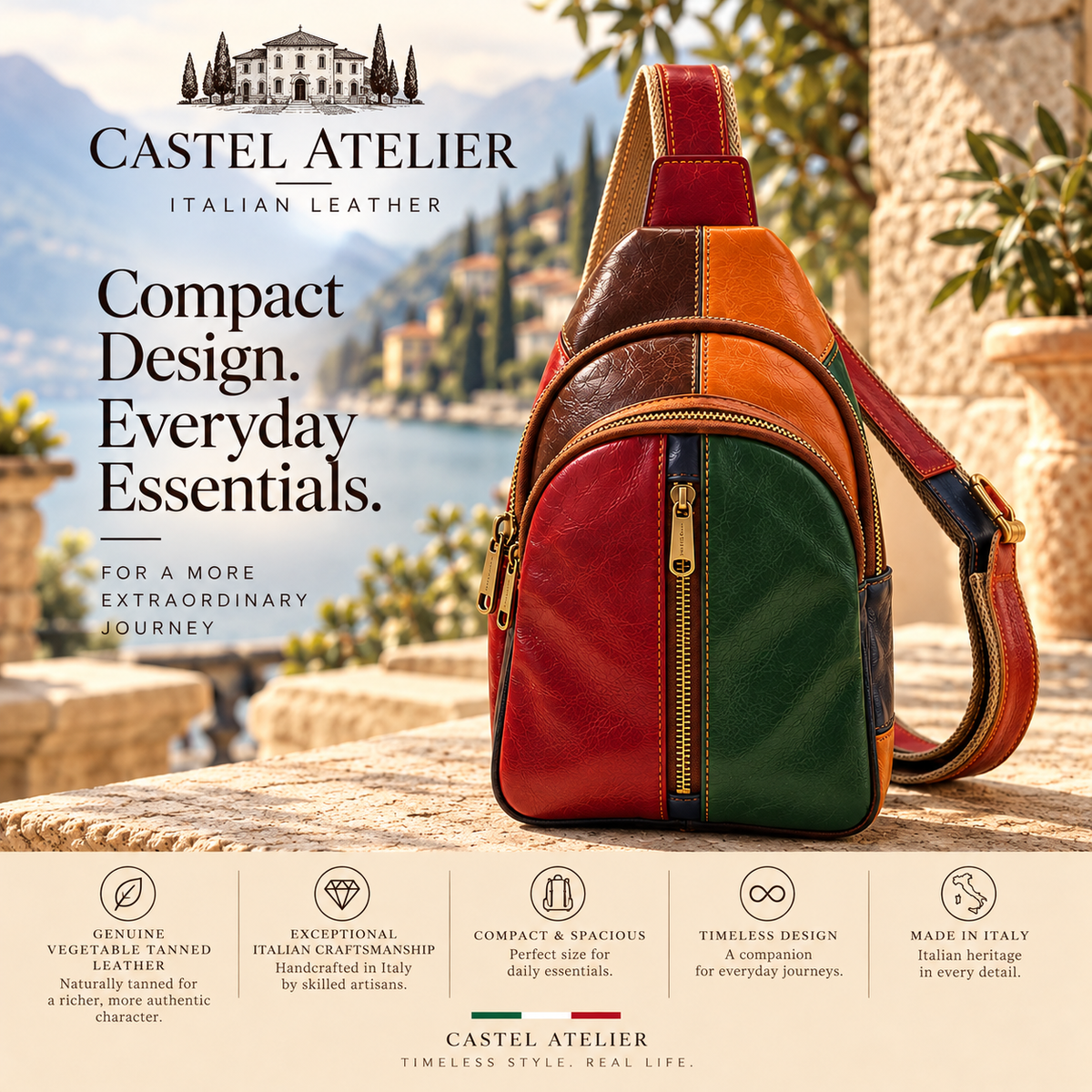 Genuine Leather Multicolor Sling Bag, Crossbody Small Bag Unisex Made in Italy