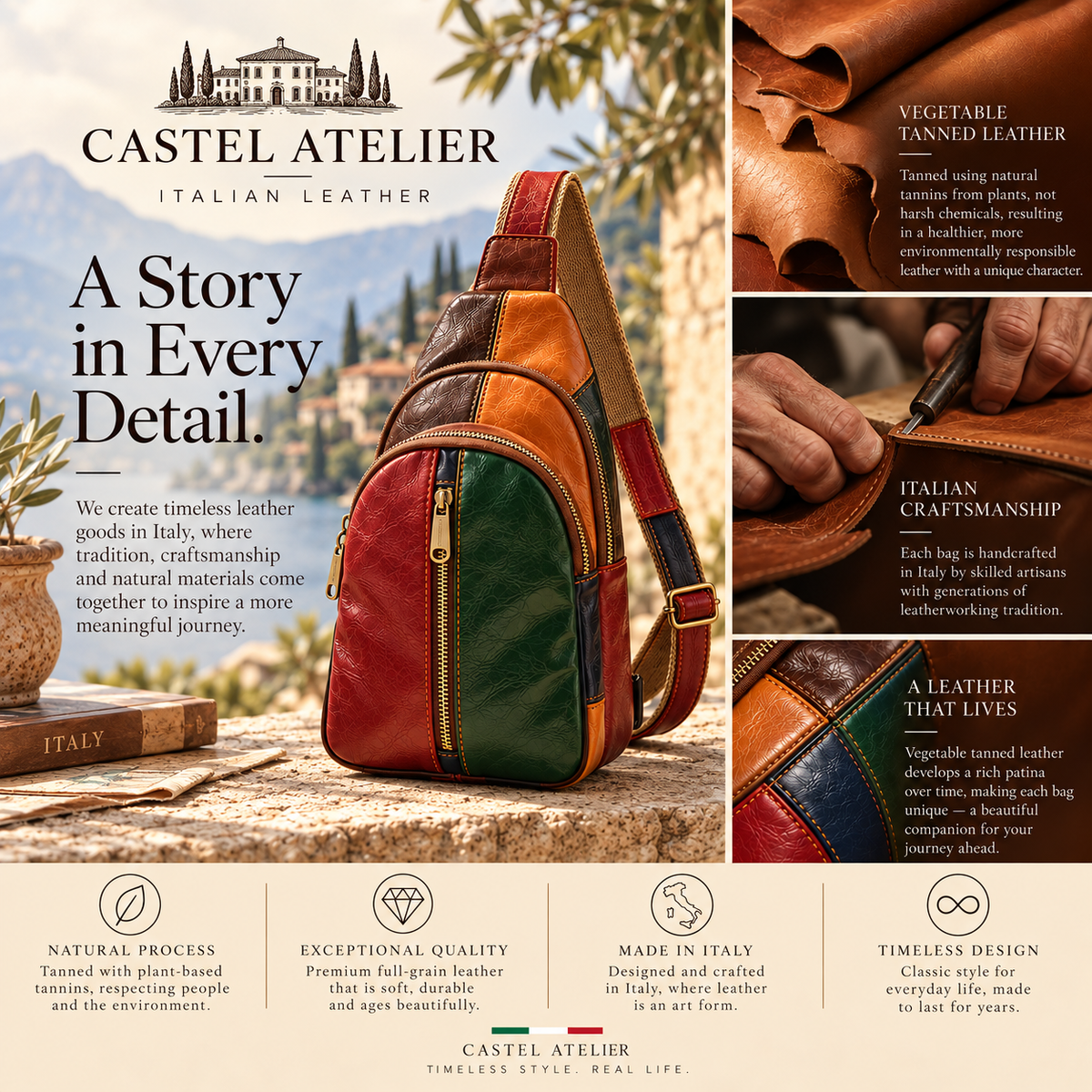 Genuine Leather Multicolor Sling Bag, Crossbody Small Bag Unisex Made in Italy