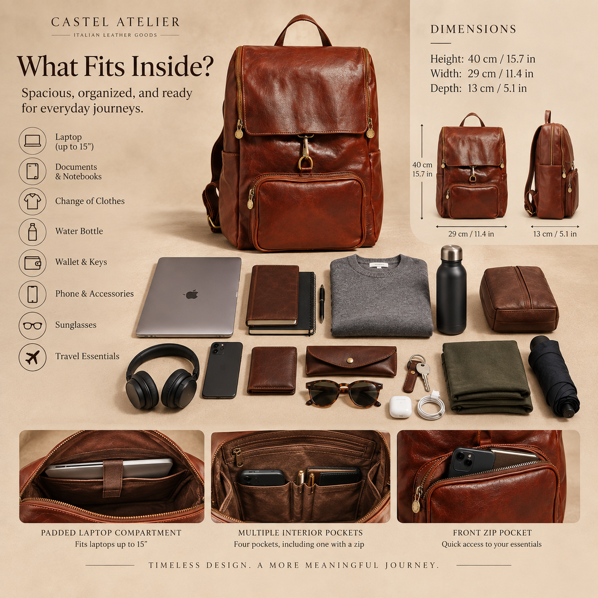 VARENO Genuine Leather Large Backpack, Made in Italy
