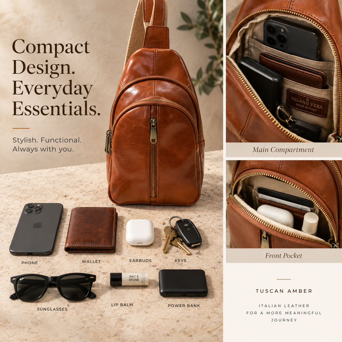 Genuine Leather Sling Bag, Crossbody Small Bag Unisex Made in Italy