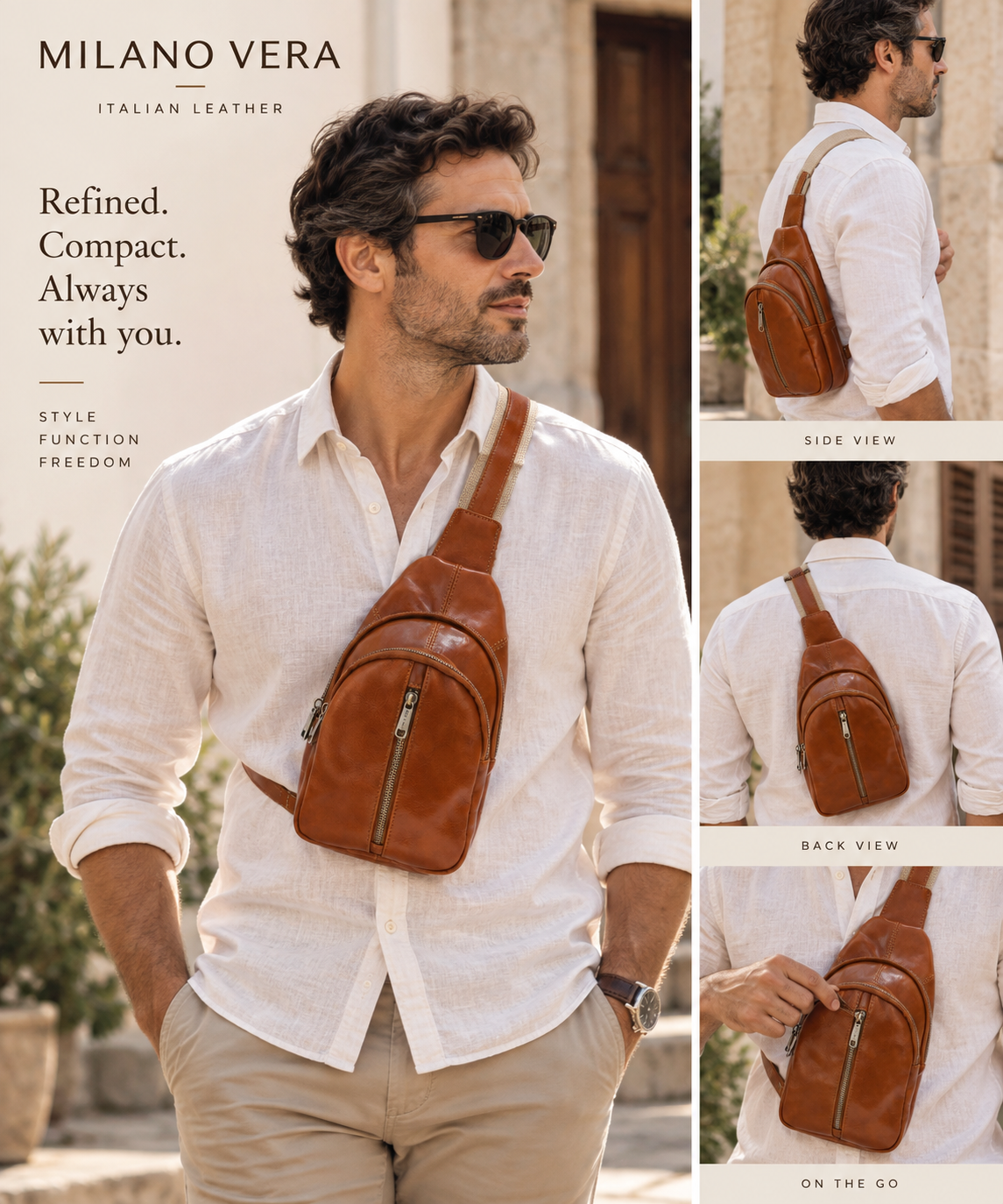 Genuine Leather Sling Bag, Crossbody Small Bag Unisex Made in Italy