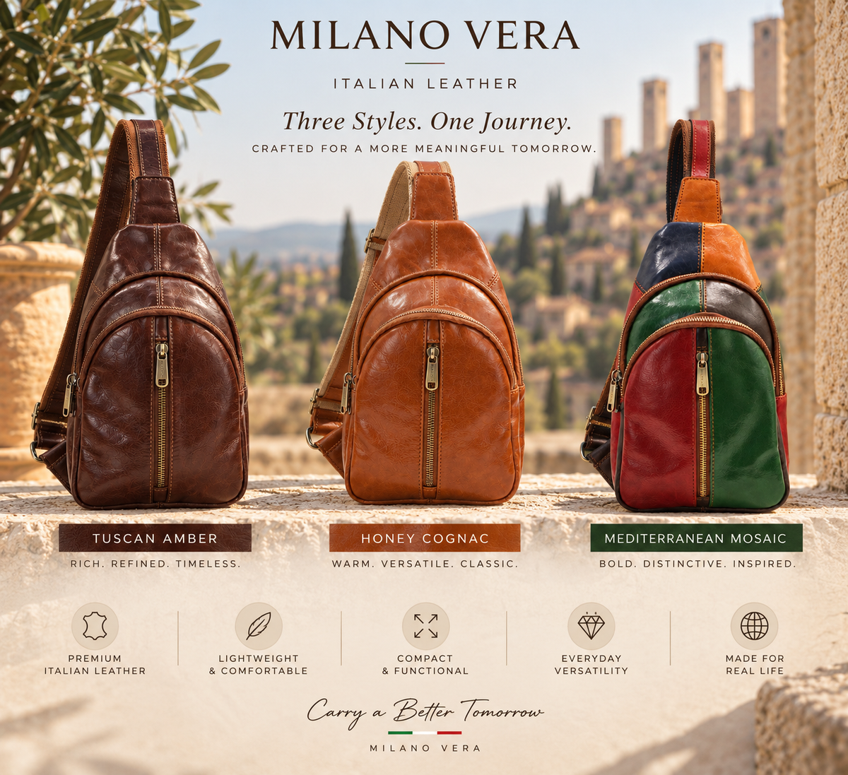 Genuine Leather Sling Bag, Crossbody Small Bag Unisex Made in Italy