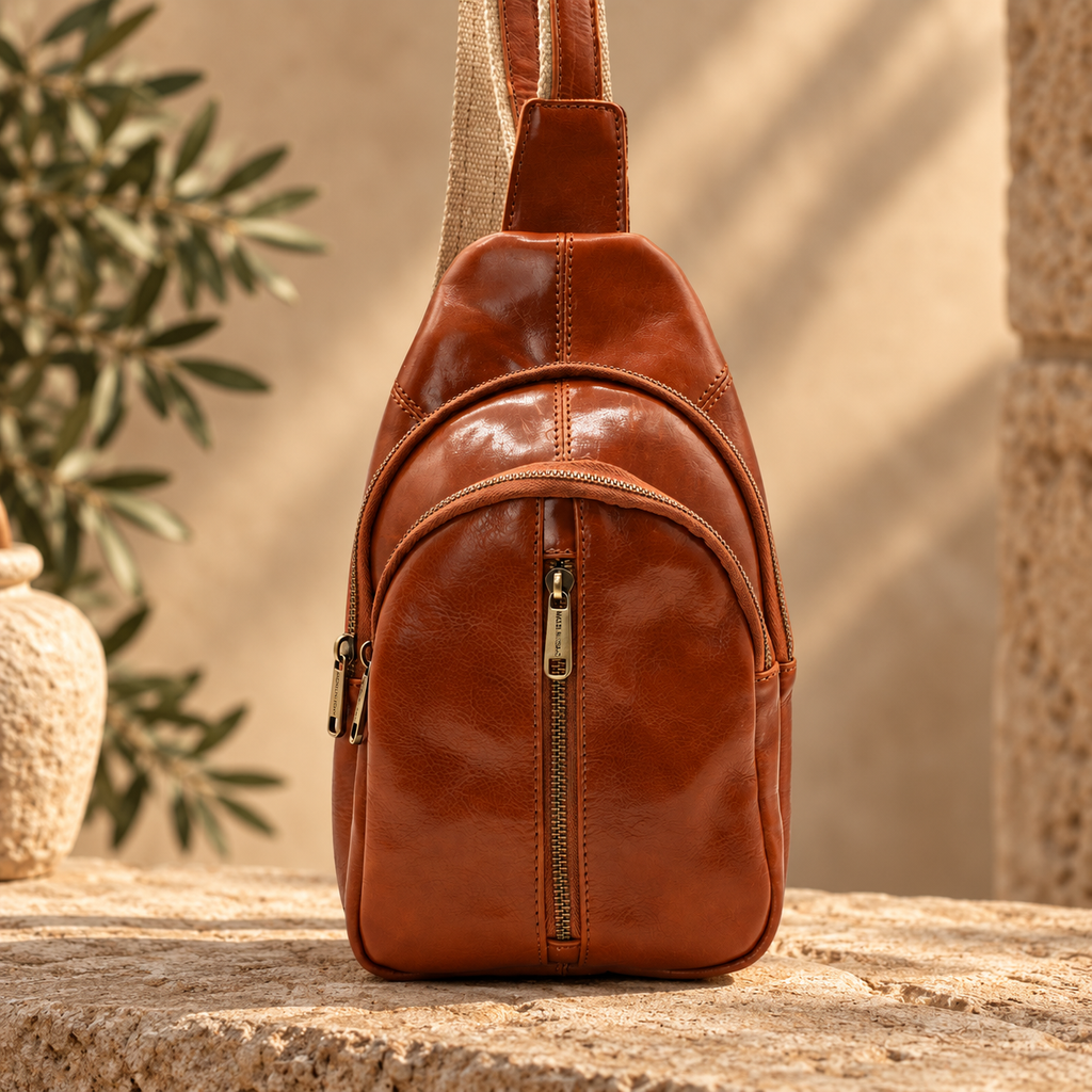 Genuine Leather Cognac Brown Sling Bag, Crossbody Small Bag Unisex Made in Italy