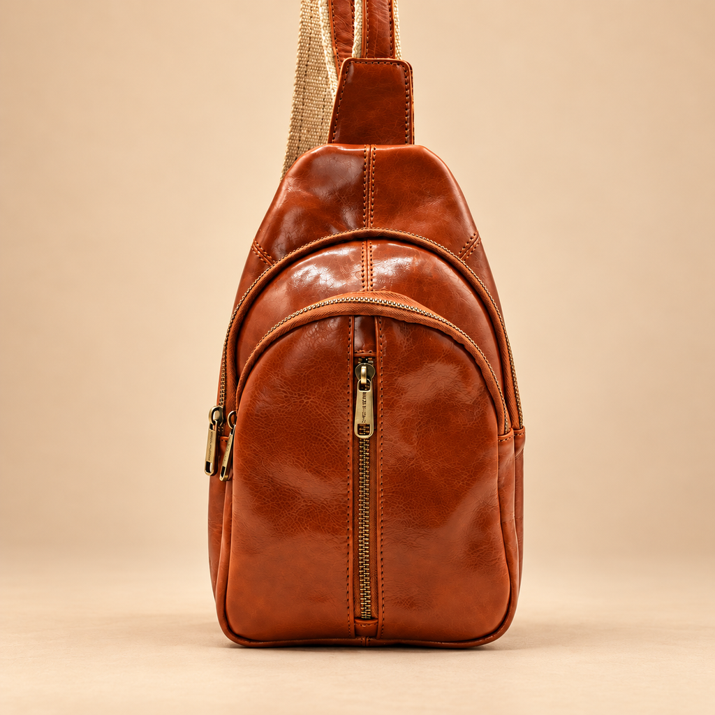 Genuine Leather Cognac Brown Sling Bag, Crossbody Small Bag Unisex Made in Italy