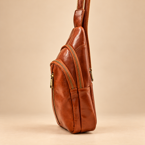 Genuine Leather Cognac Brown Sling Bag, Crossbody Small Bag Unisex Made in Italy