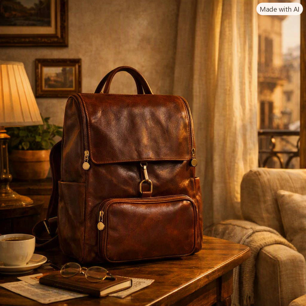 VARENO Genuine Leather Large Backpack, Made in Italy