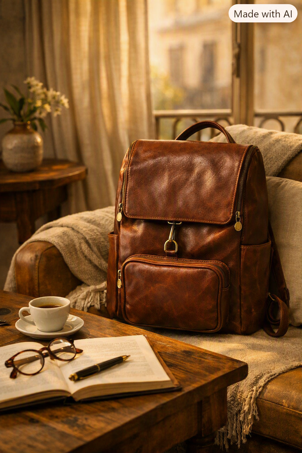 VARENO Genuine Leather Large Backpack, Made in Italy