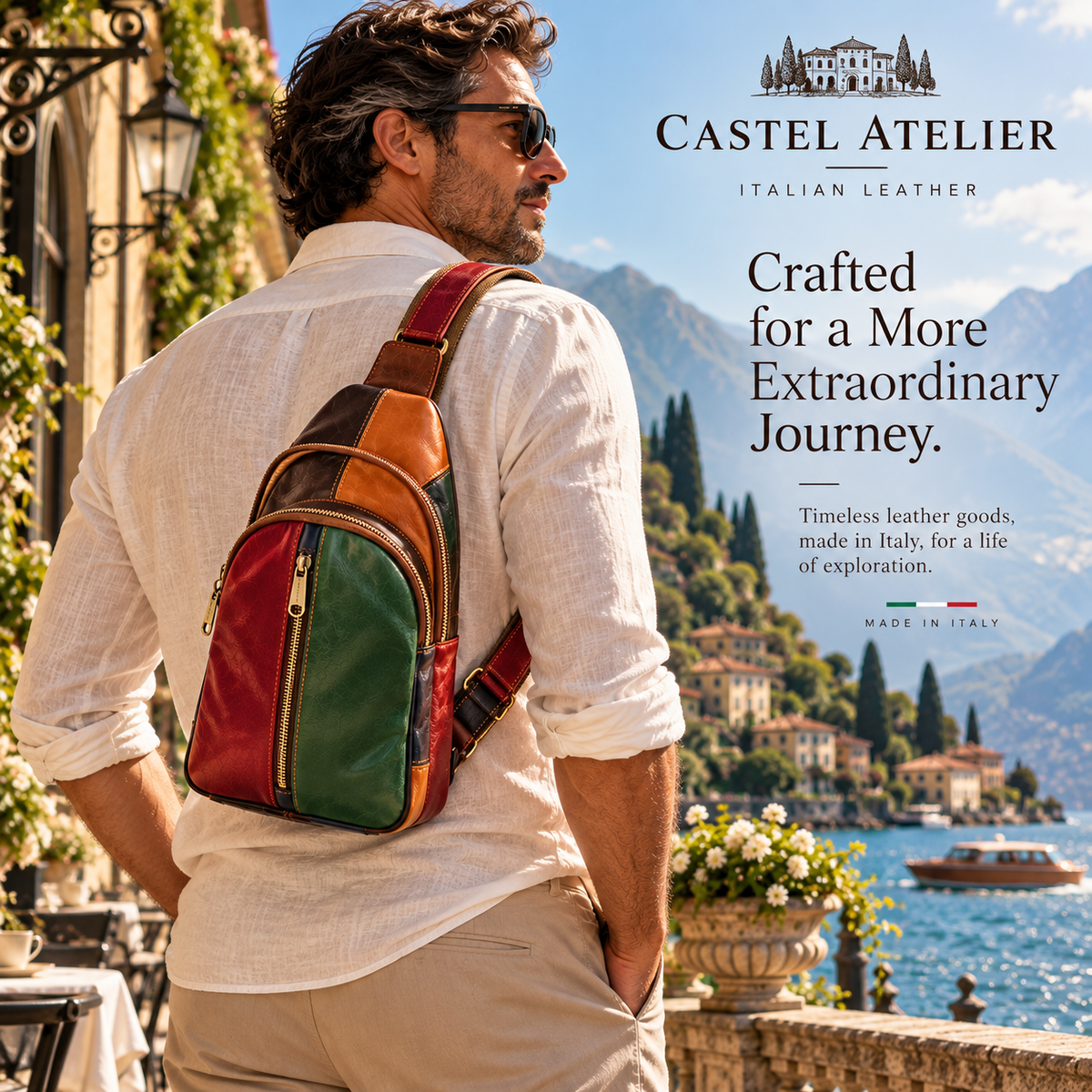 Genuine Leather Multicolor Sling Bag, Crossbody Small Bag Unisex Made in Italy