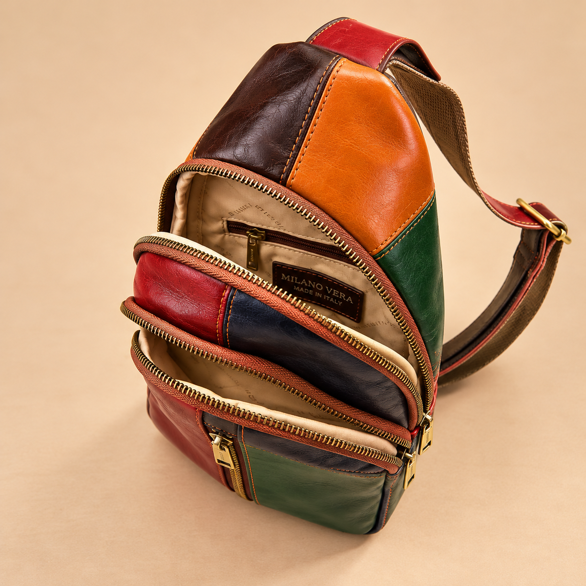 Genuine Leather Multicolor Sling Bag, Crossbody Small Bag Unisex Made in Italy