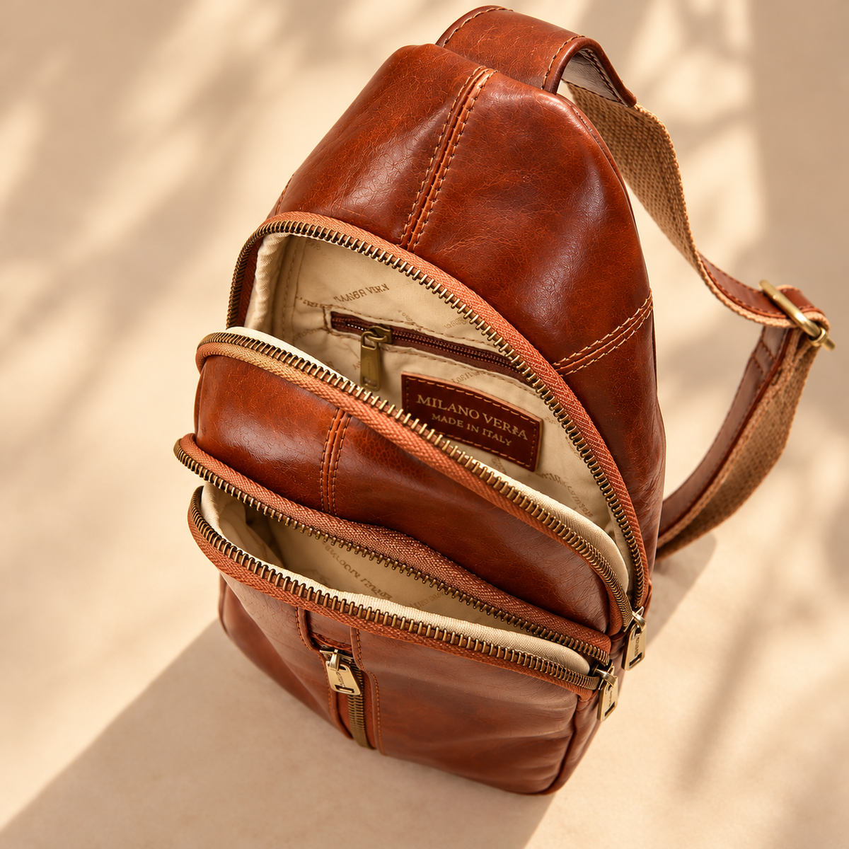 Genuine Leather Cognac Brown Sling Bag, Crossbody Small Bag Unisex Made in Italy