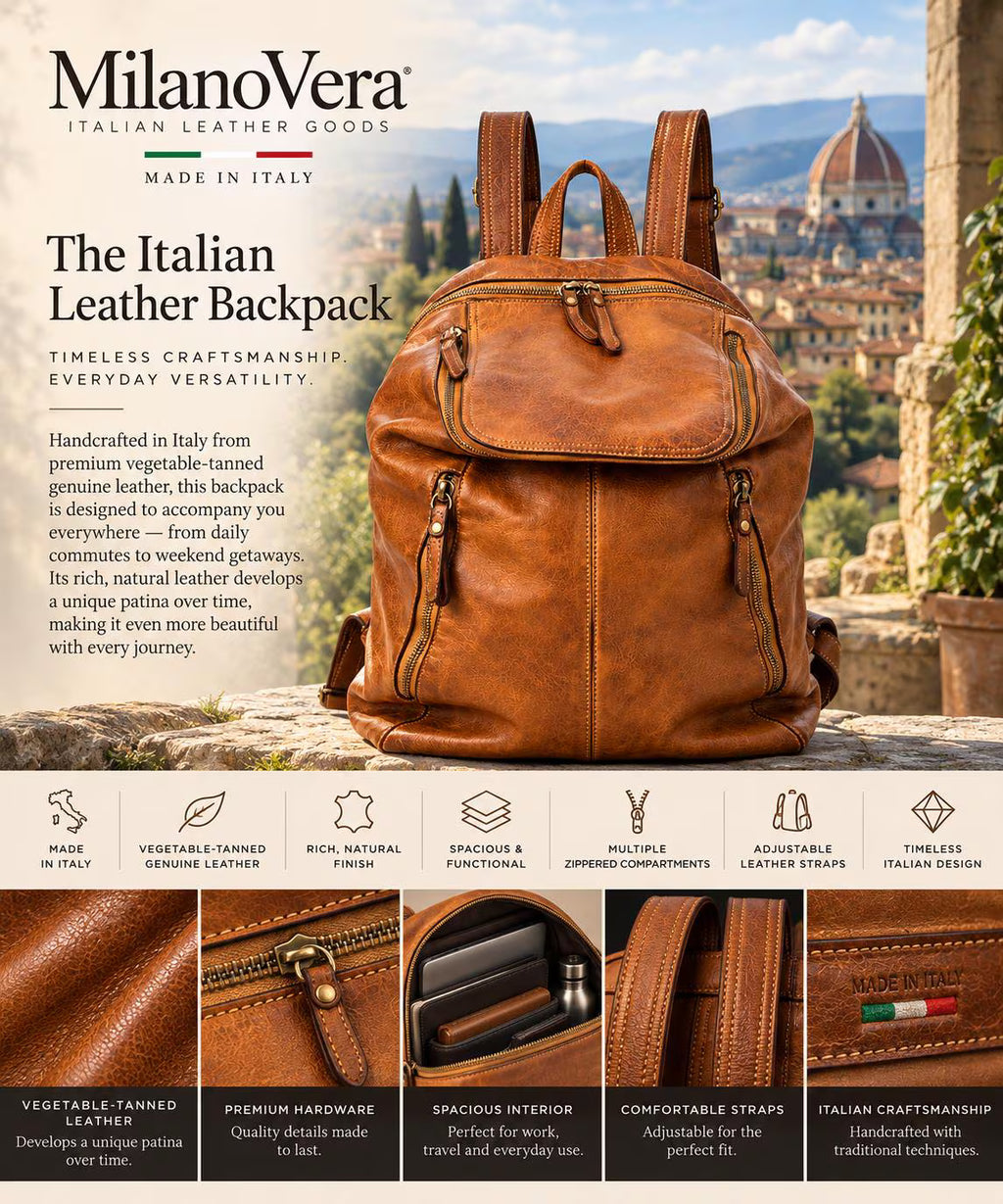 MilanoVera Rover Italian Leather Backpack – Cognac
