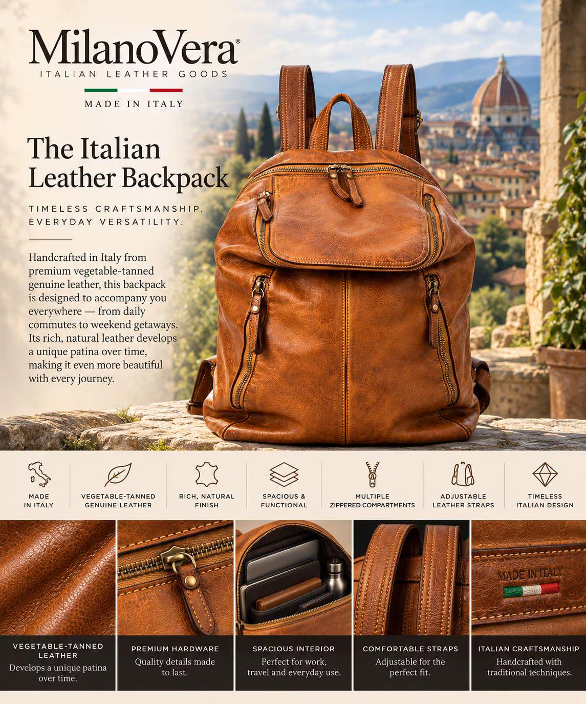 MilanoVera Rover Italian Leather Backpack – Cognac