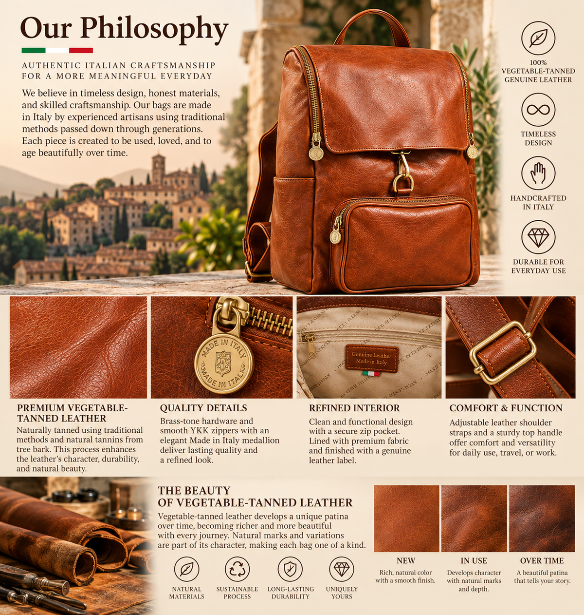 VARENO Genuine Leather Large Backpack, Made in Italy (Copy)